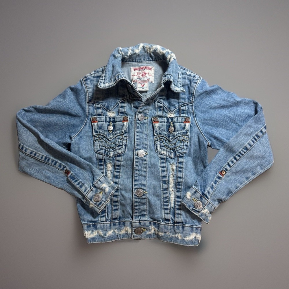 True Religion Girls Denim Jacket Size M Blue Distressed Trucker Jean Horseshoe